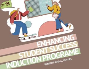 Cartoon illustration of a teacher and student interacting in a classroom setting with the text "Enhancing Student Success Induction Programme Benefits and Activities"