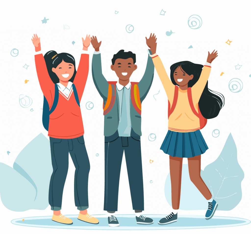 Three joyful students celebrating during MYP Transition Day, with raised hands and backpacks, embodying excitement and connection as they start their middle school journey.