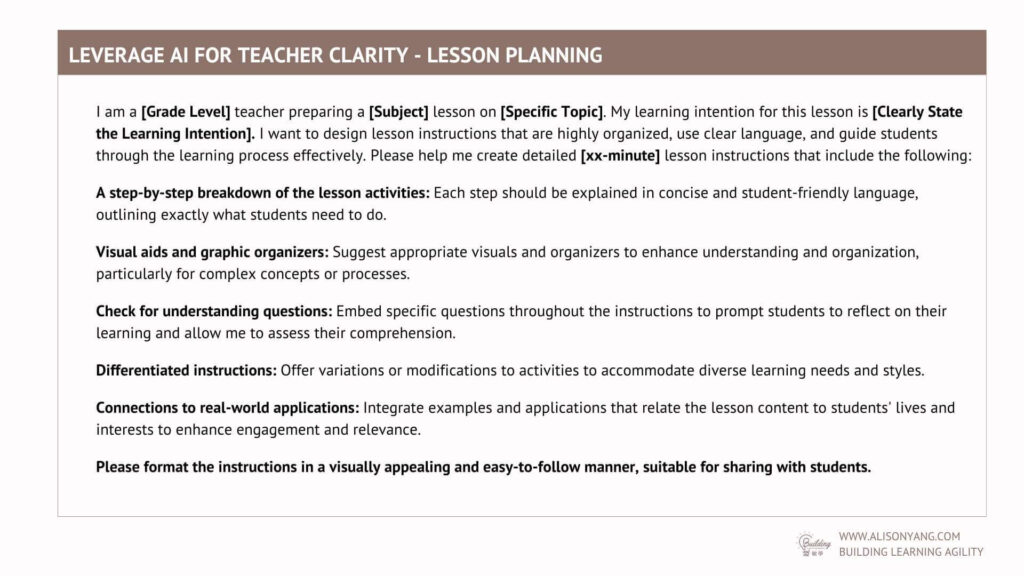  A structured lesson planning prompt titled "Leverage AI for Teacher Clarity," featuring sections on step-by-step activities, visual aids, questions for understanding, differentiated instructions, and connections to real-world applications.