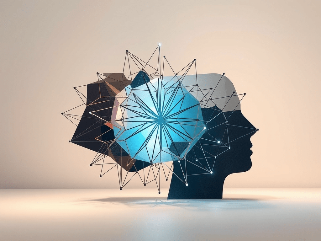 A digital illustration of a human head silhouette with a geometric design emerging from it, symbolizing the complexity and creativity of thought.