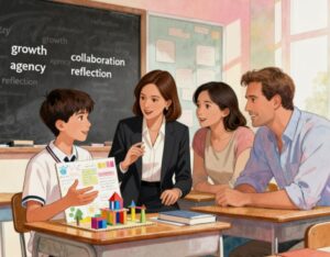 Secondary school student sits at a desk confidently presenting an artifact of learning to a female teacher and both parents (mom and dad), all seated and actively listening in a classroom setting. Keywords “growth,” “agency,” “collaboration,” and “reflection” are featured, illustrating a supportive, student-led learning conversation.