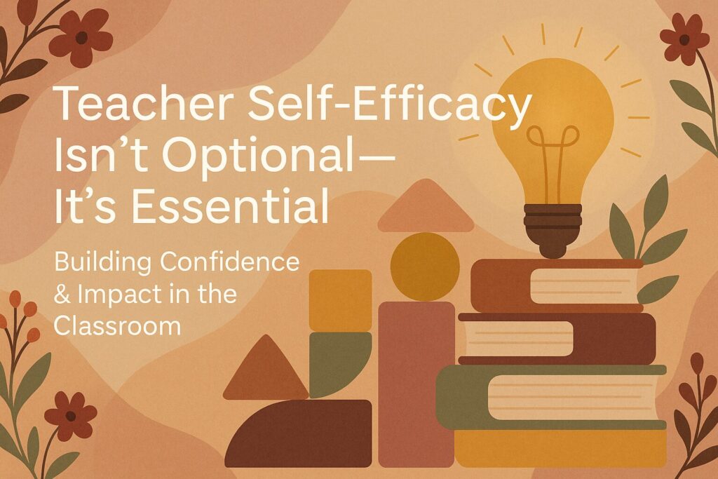 Teacher self-efficacy concept illustration showing stacked books with glowing light bulb symbolizing building confidence and impact in the classroom