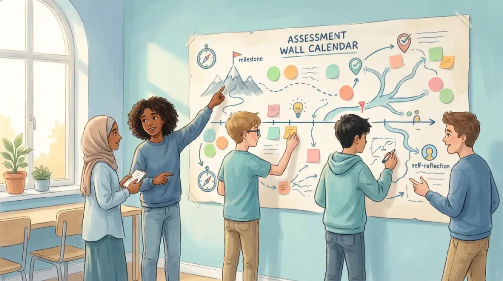 A diverse group of secondary students collaboratively using a large assessment calendar to plan their learning journey and manage their workload.