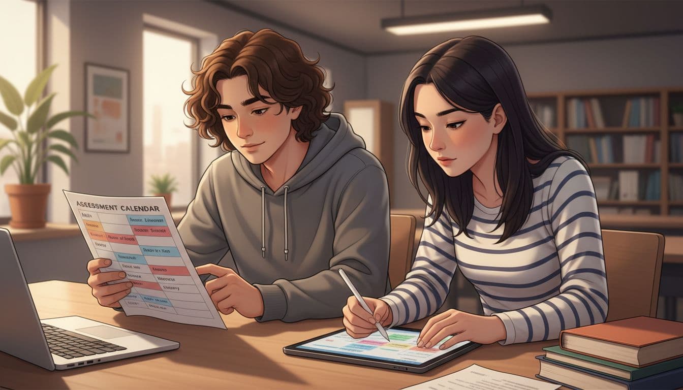 Two secondary school students at a desk in a study area: one compares a printed assessment calendar showing clustered deadlines for multiple subjects, the other adjusts a planner, with books and laptop nearby in relaxed poses under soft lighting.