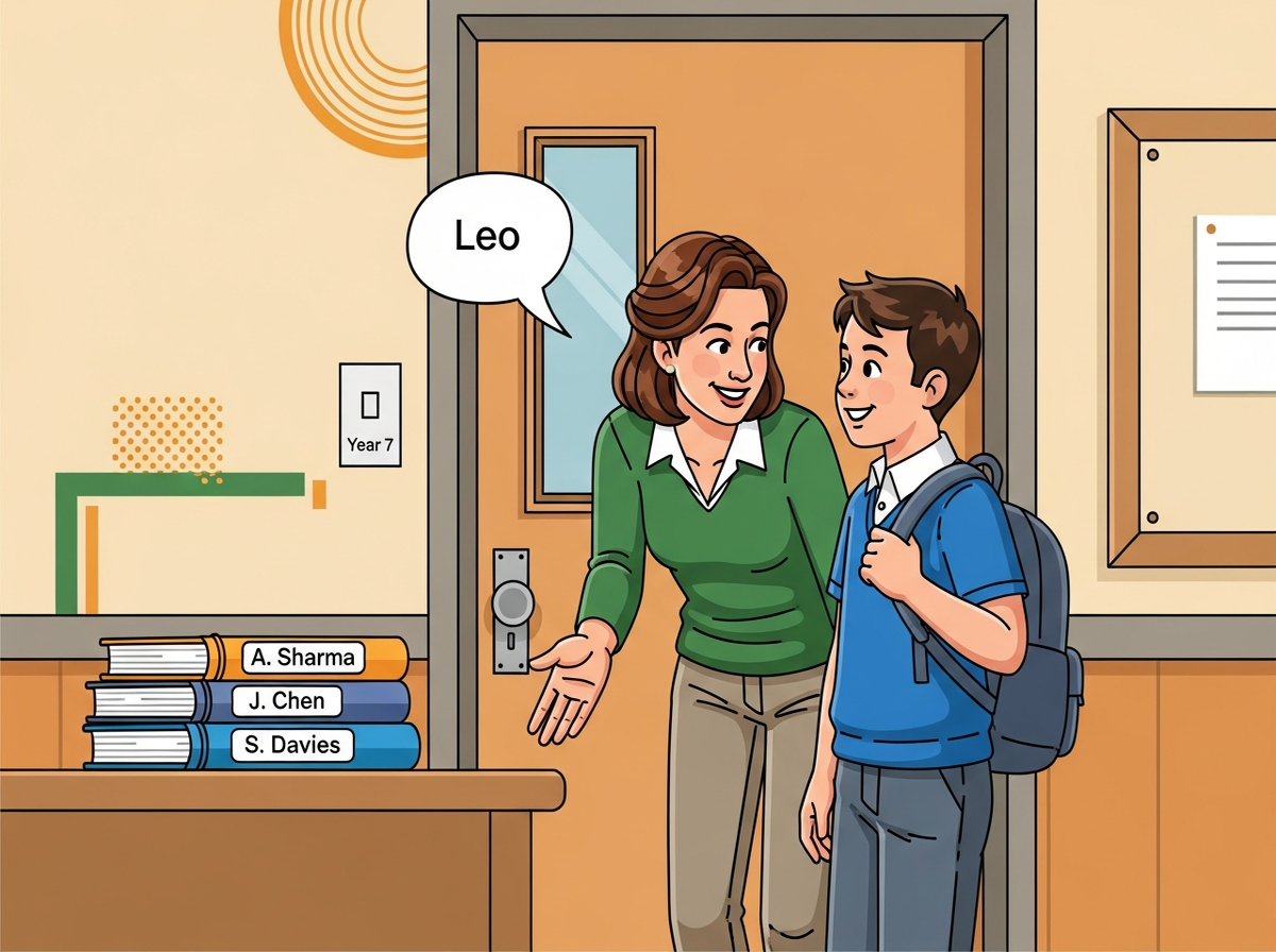 Teacher greeting Year 7 student at classroom door with named notebooks